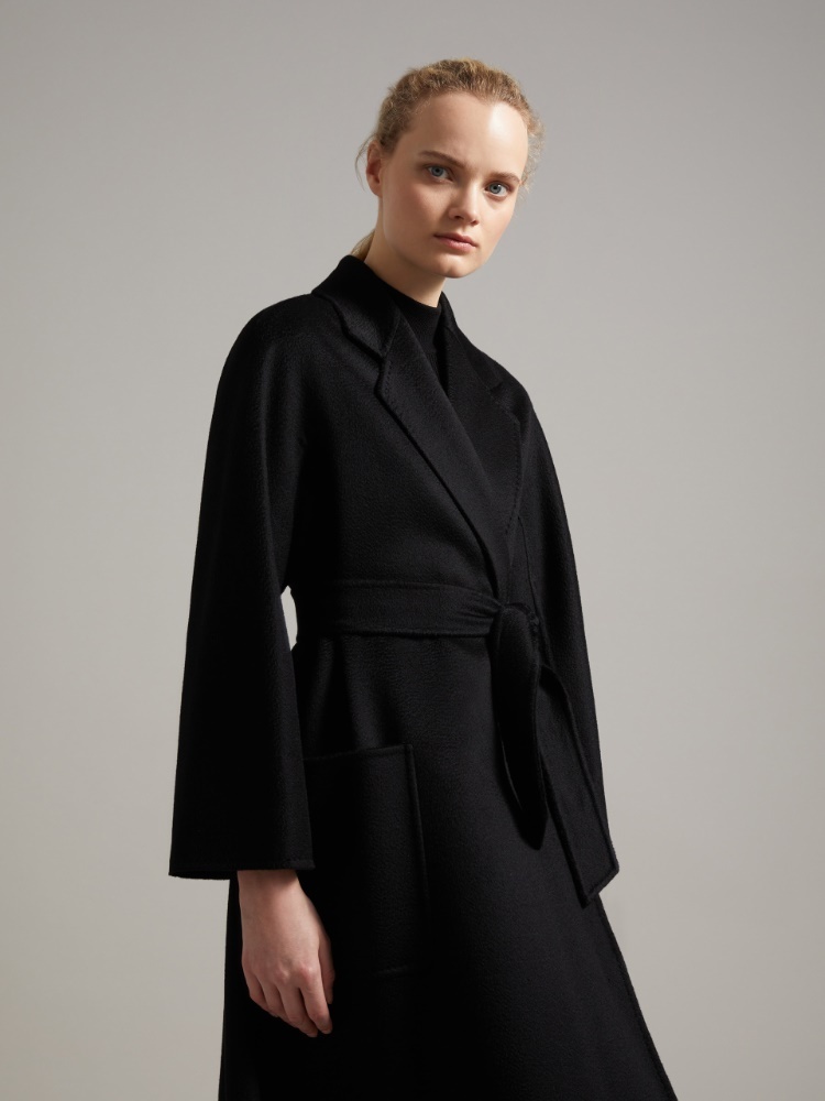 Max Mara Black Belted Long Coat With Notched Collar And Smooth Finish In Black