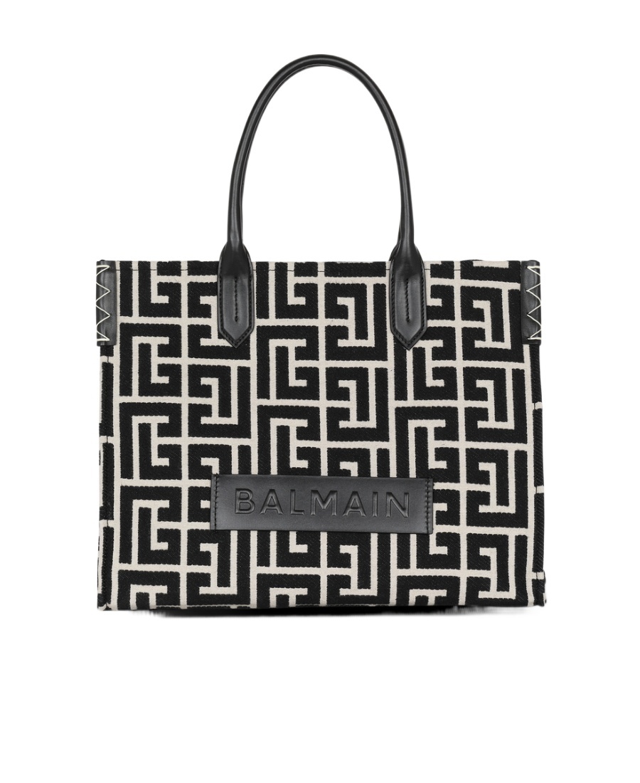 Balmain B-army 42 Monogrammed Jacquard And Leather Tote Bag In Black