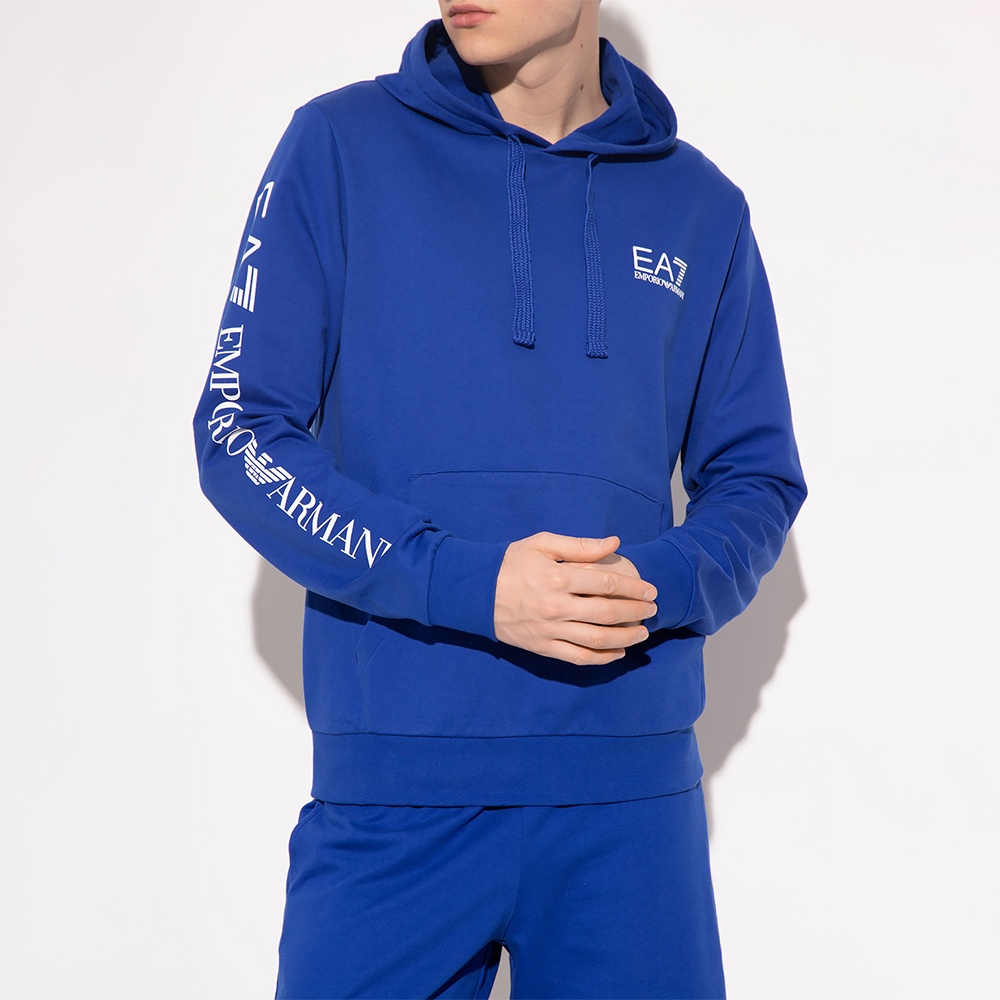Ea7 Logo-print Cotton Hoodie In Blue