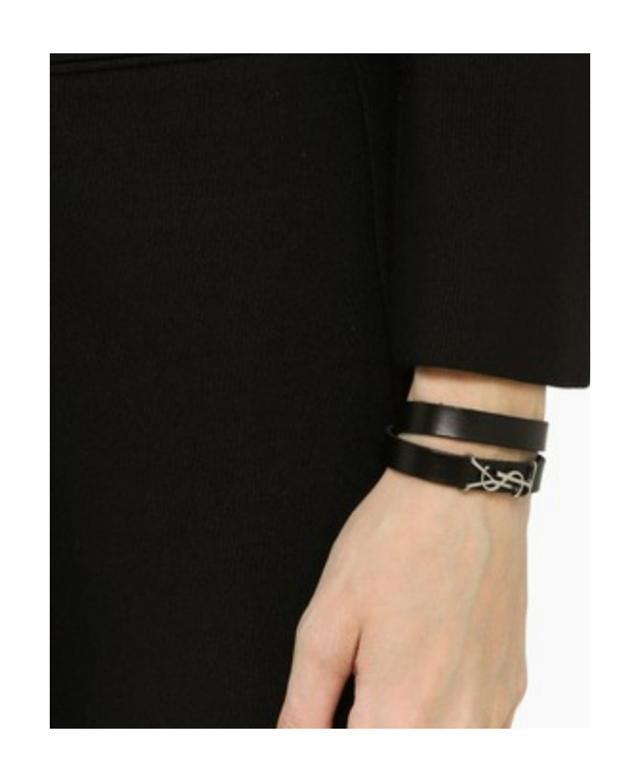 Saint Laurent Ysl-charm Leather Bracelet In Black
