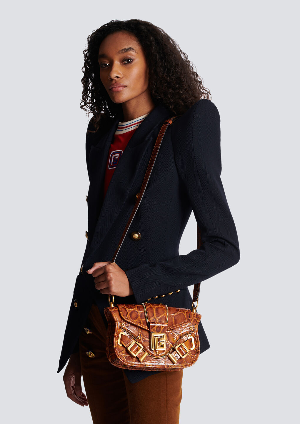 Balmain Blaze Bag In Crocodile-print Leather In Brown