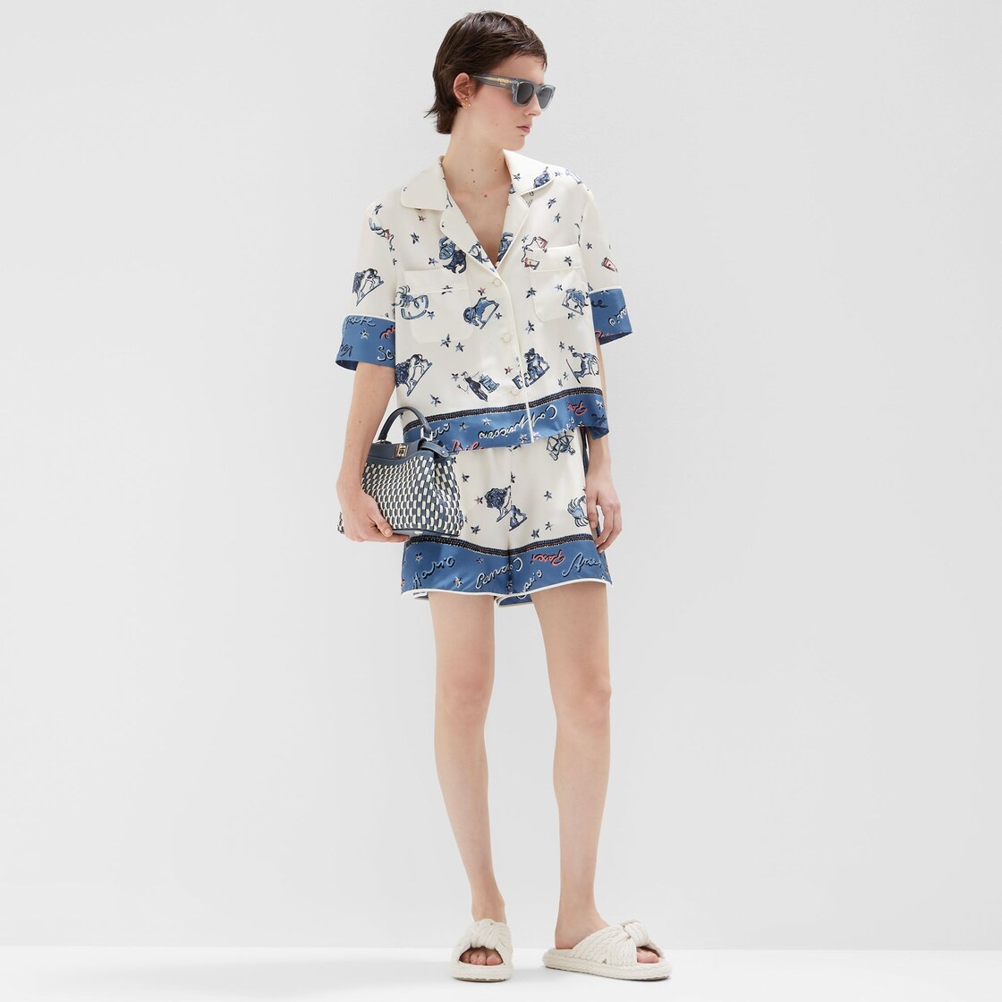 Fendi Blue Silk Shorts In White