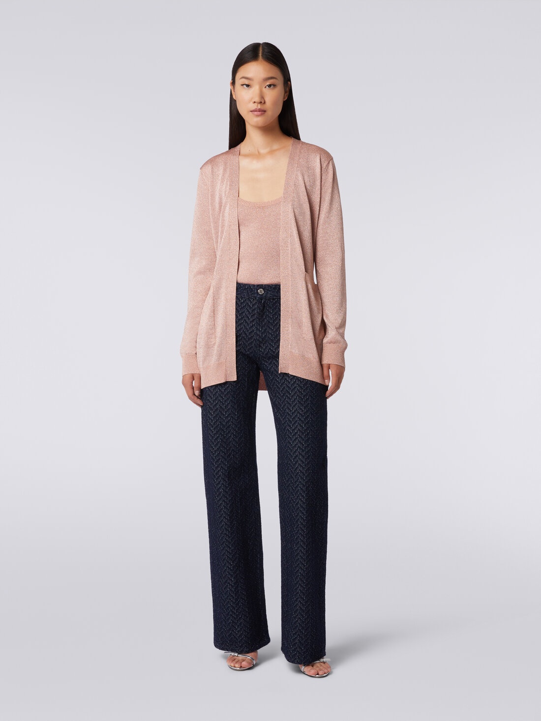 Missoni Metallic-threading V-neck Belted Cardigan In Nude