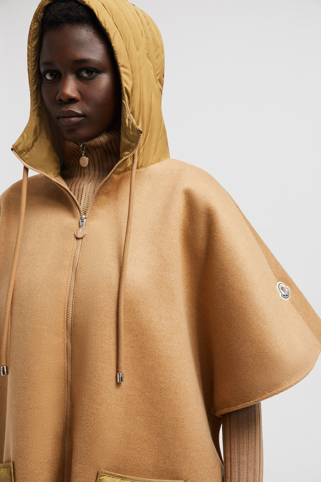 Moncler Hooded Down Cape In Brown