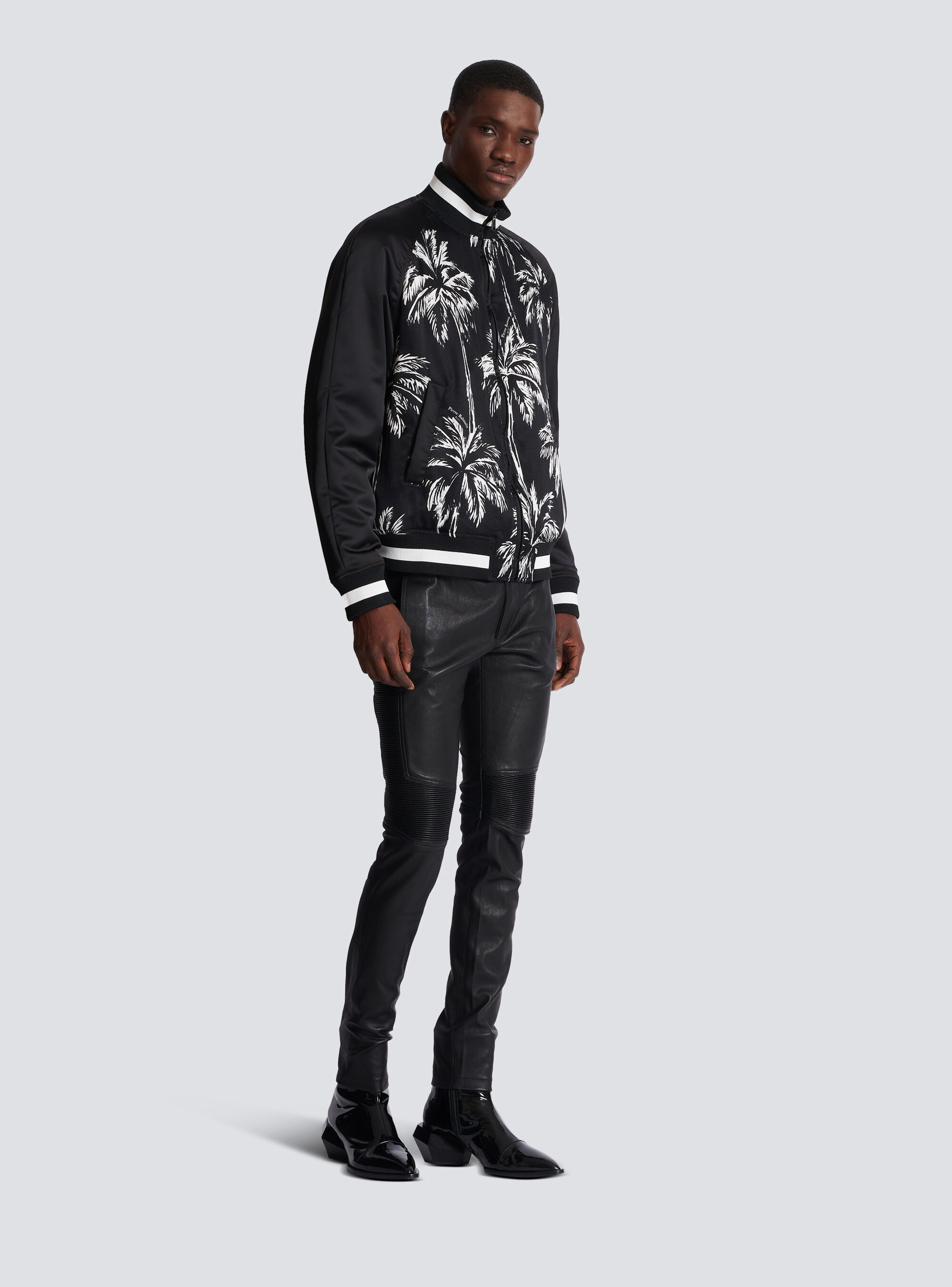 Balmain Printed Satin Palm Tree Bomber Jacket In Black