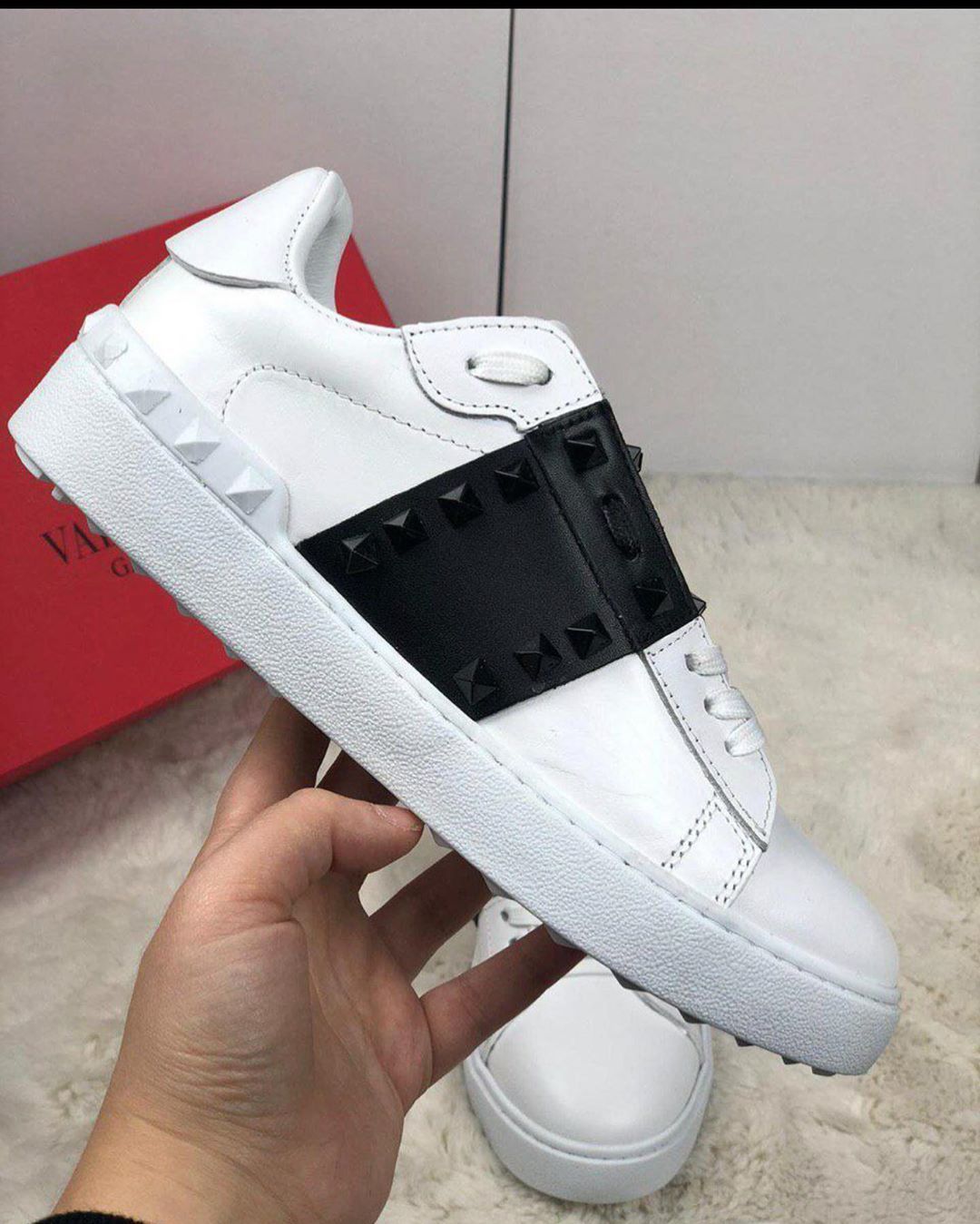 Valentino Rockstud Open Leather Sneakers In White