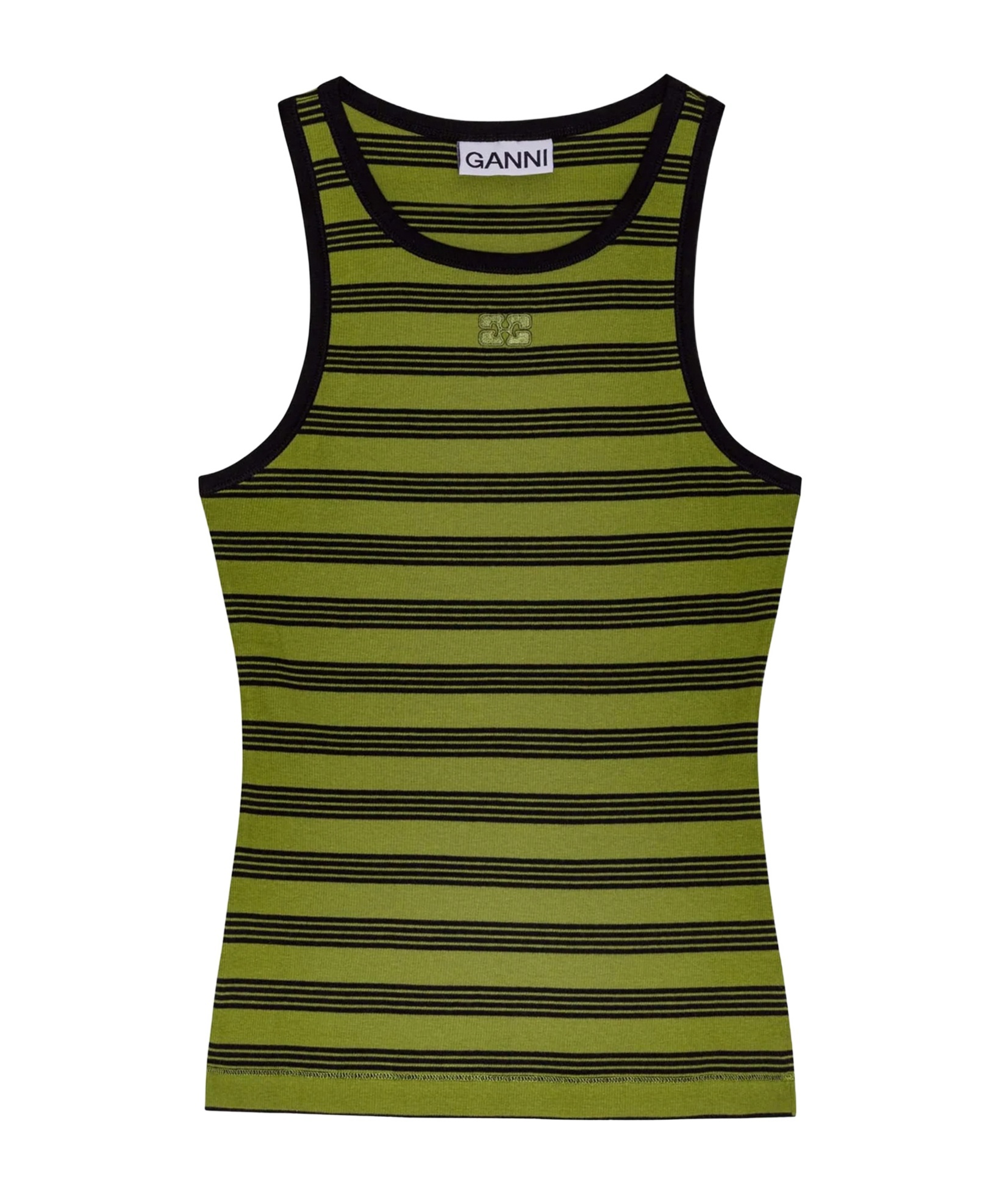 Ganni Striped Soft Cotton Rib Tank Top Golden Cypress In Green