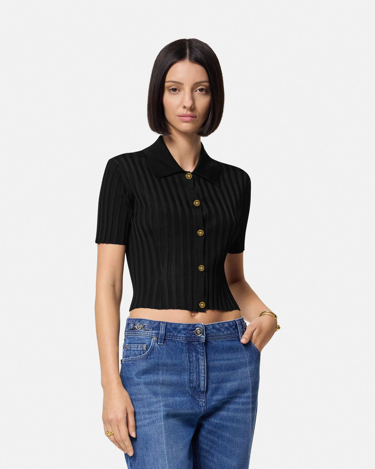 Versace Button-up Knitted Shirt In Black
