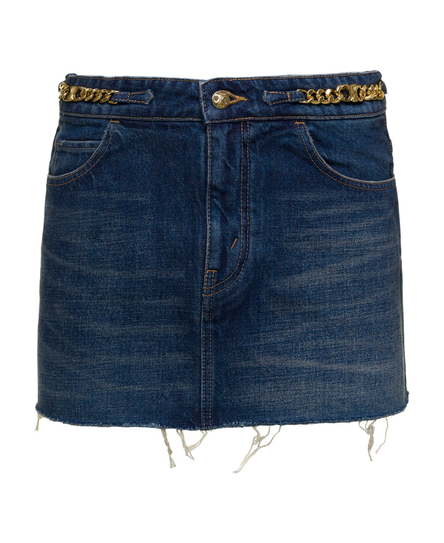 Celine Fringed Denim Mini Skirt With Pleats In Blue