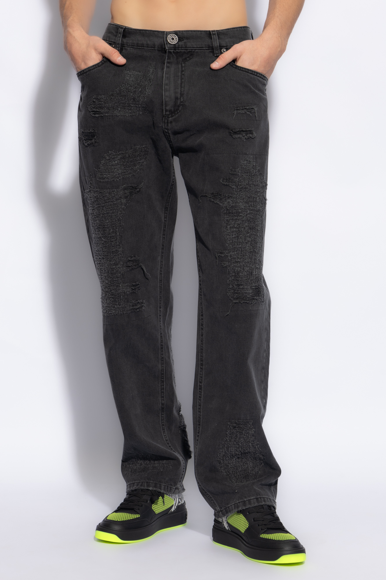 Balmain Distressed Mid-rise Straight-leg Jeans In Black