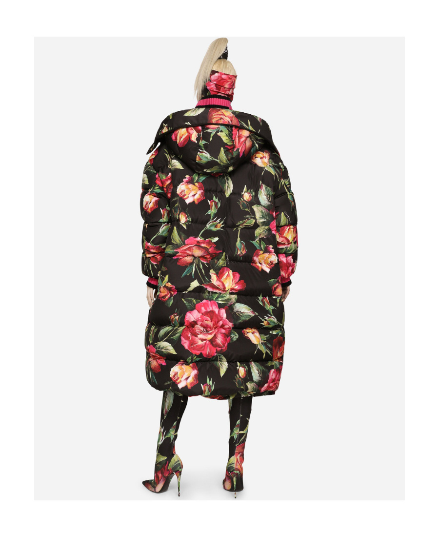 Dolce & Gabbana Floral-printed High-neck Long Coat In Black