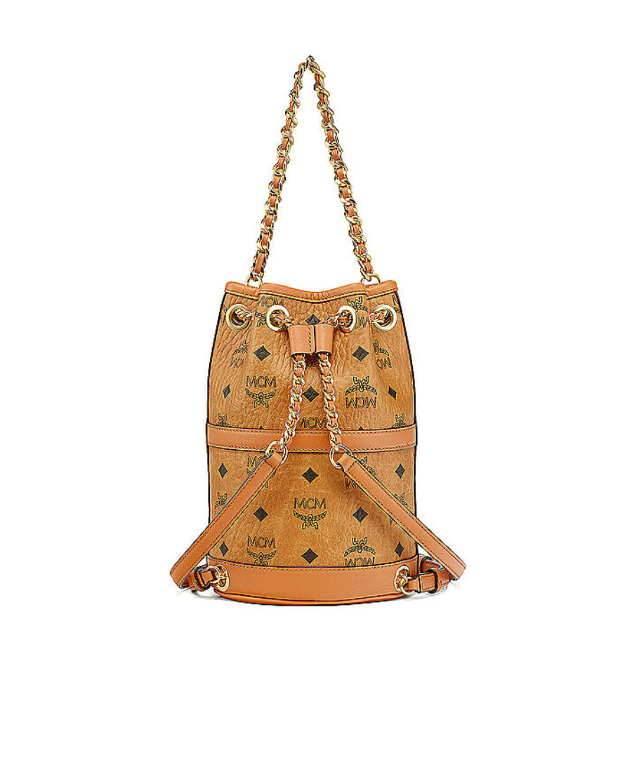 Mcm Printed Synthetic Leather Aren Chain Bucket Bag In Brown