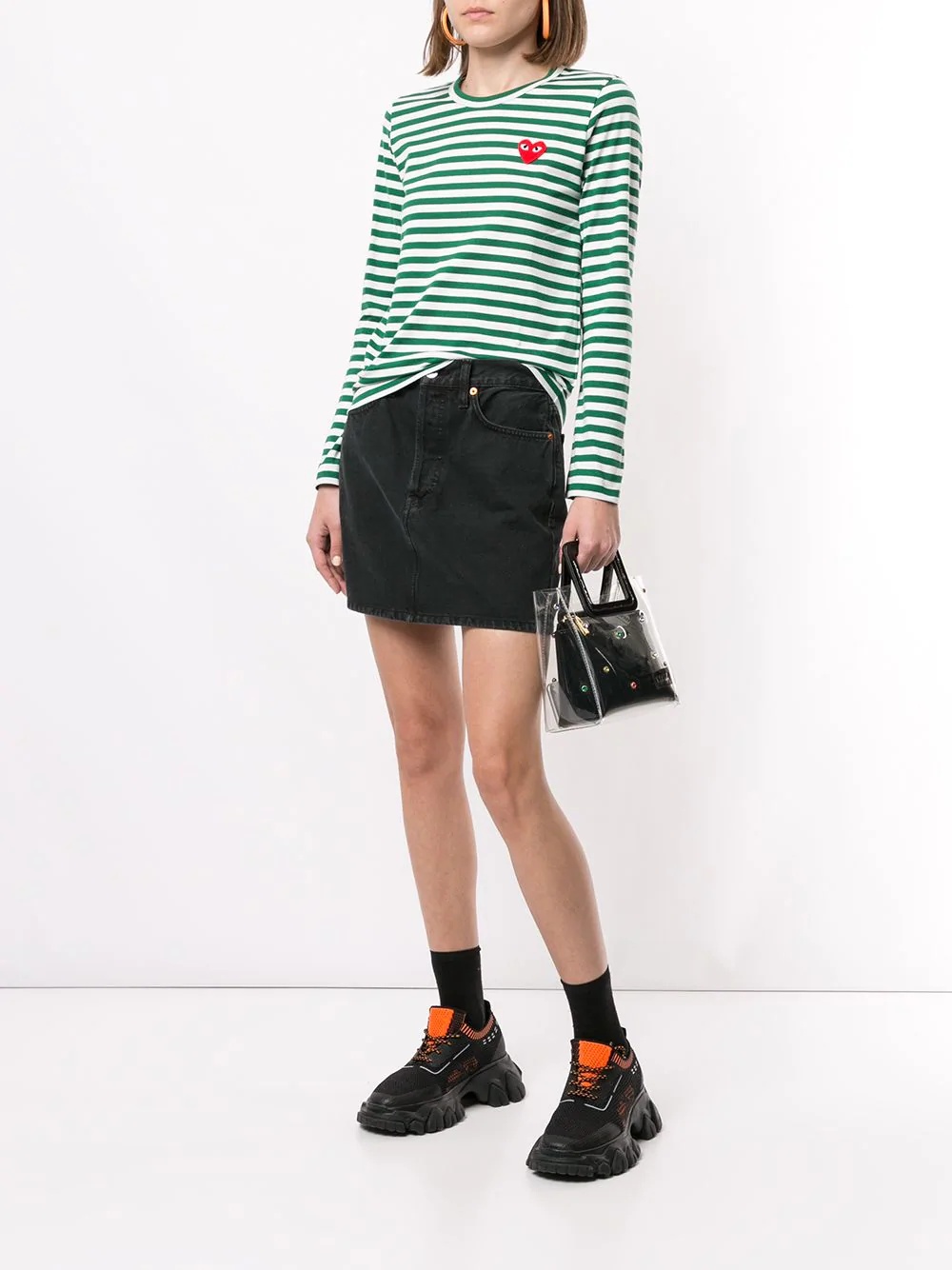 Comme Des Garçons Play Striped Red Heart Long-sleeve Shirt In Green