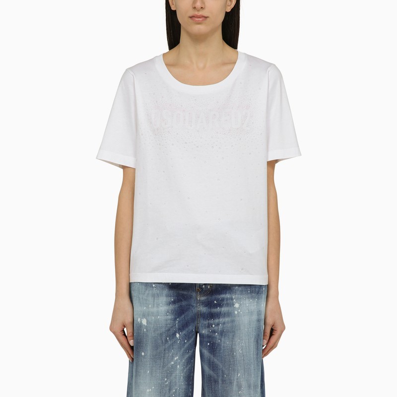 Dsquared2 Easy Fit White T-shirt With Rhinestones In White