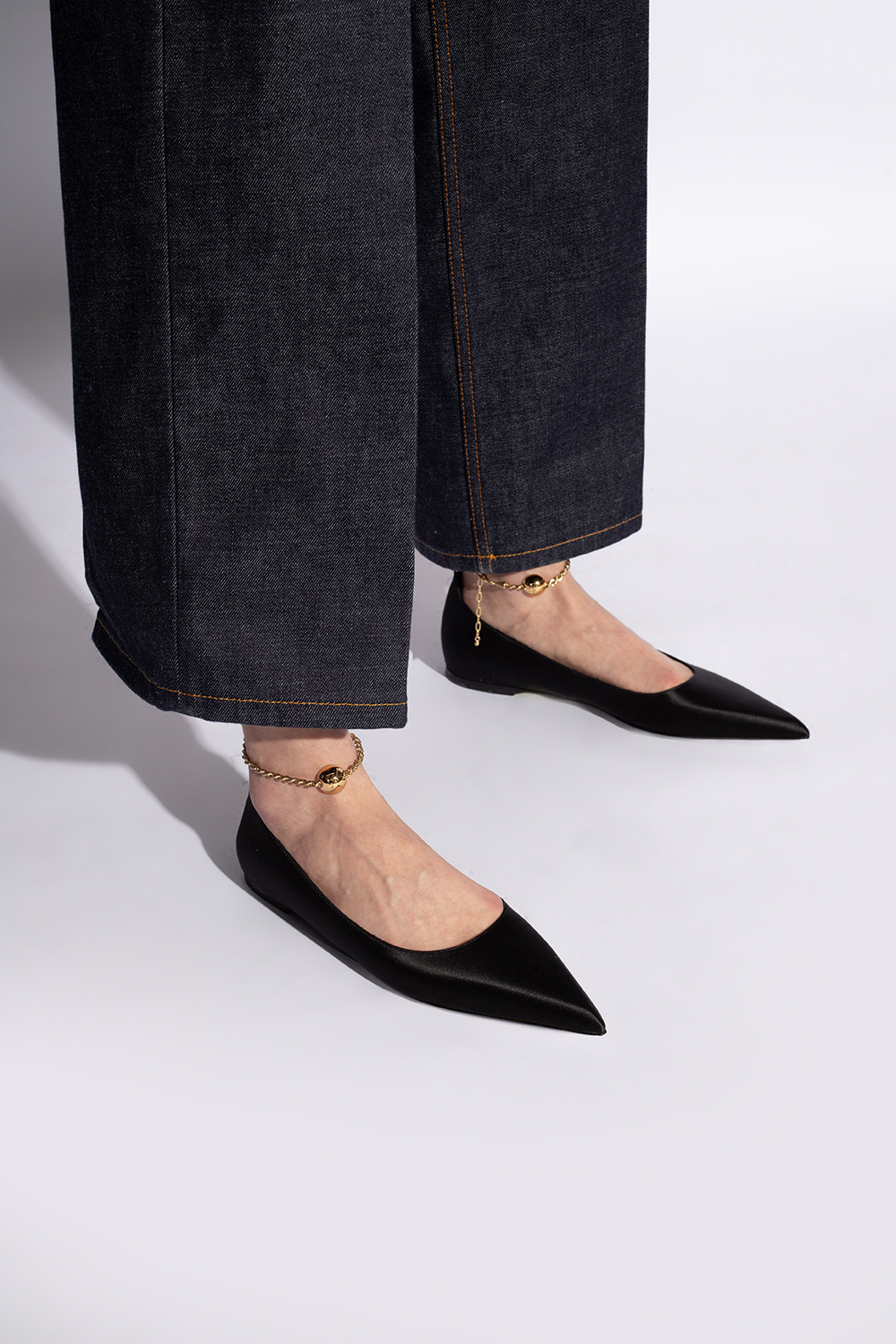 Ferragamo Dada T Chain-embellished Satin Point-toe Flats In Black