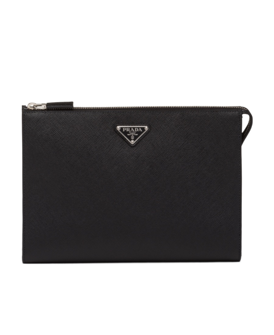 Prada Logo Plaque Zipped Clutch Bag In Black