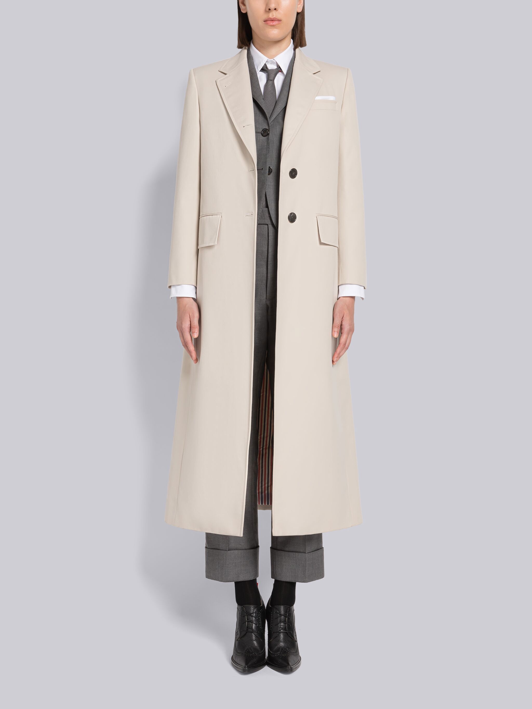 Thom Browne Wide-lapel Flap-pockets Overcoat In White