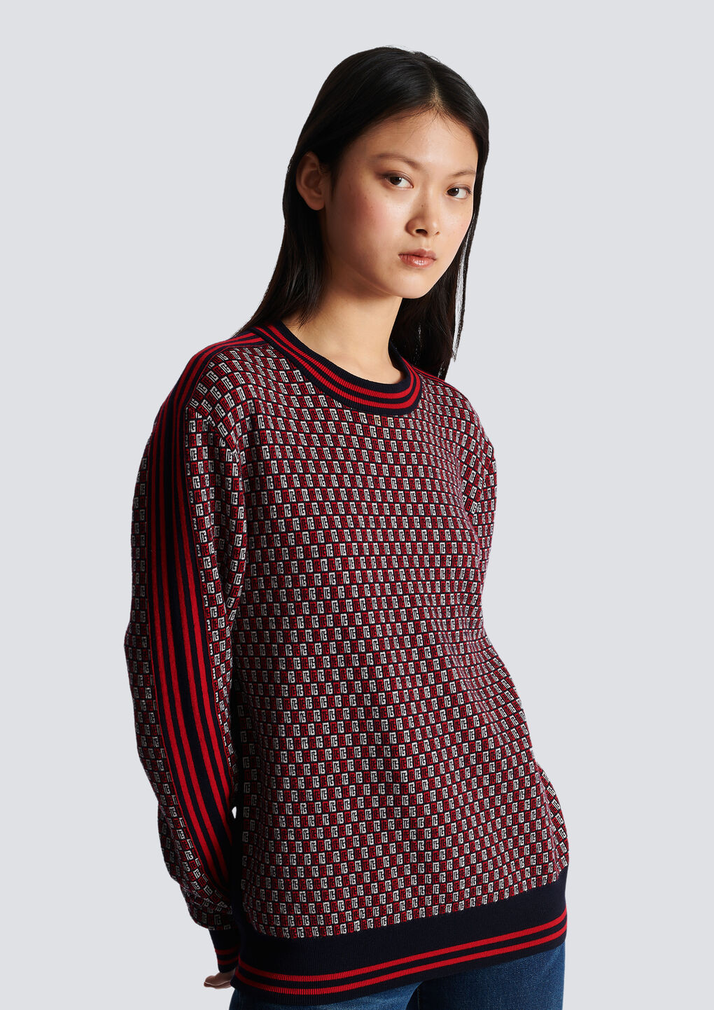 Shop Balmain Cropped Monogrammed Knit Jumper In Red