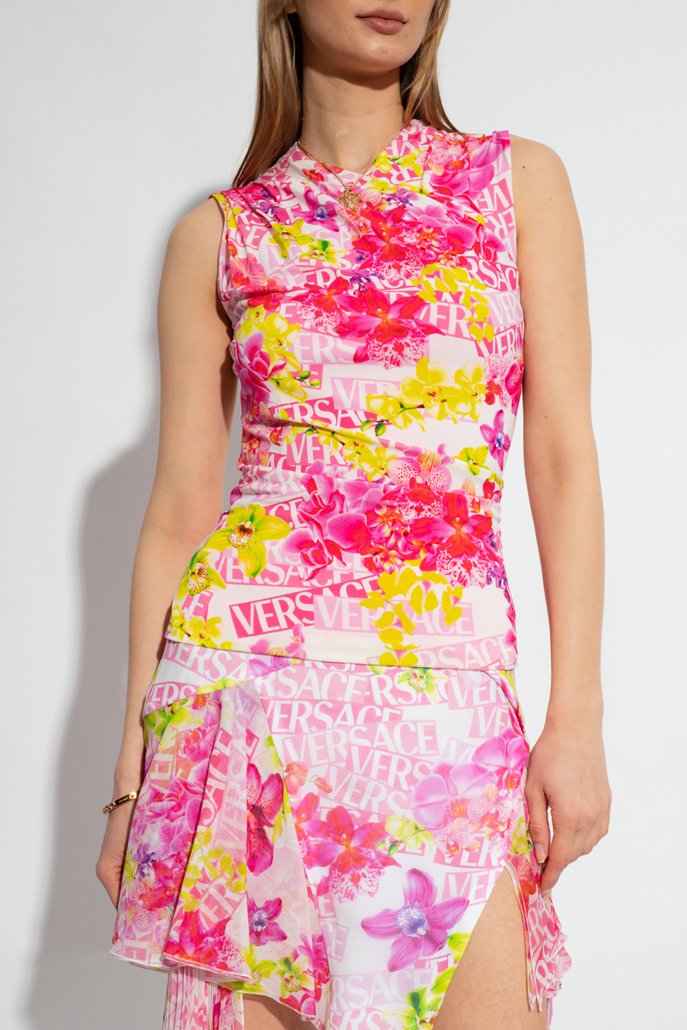 Versace Draped Printed Stretch-jersey Top In Pink