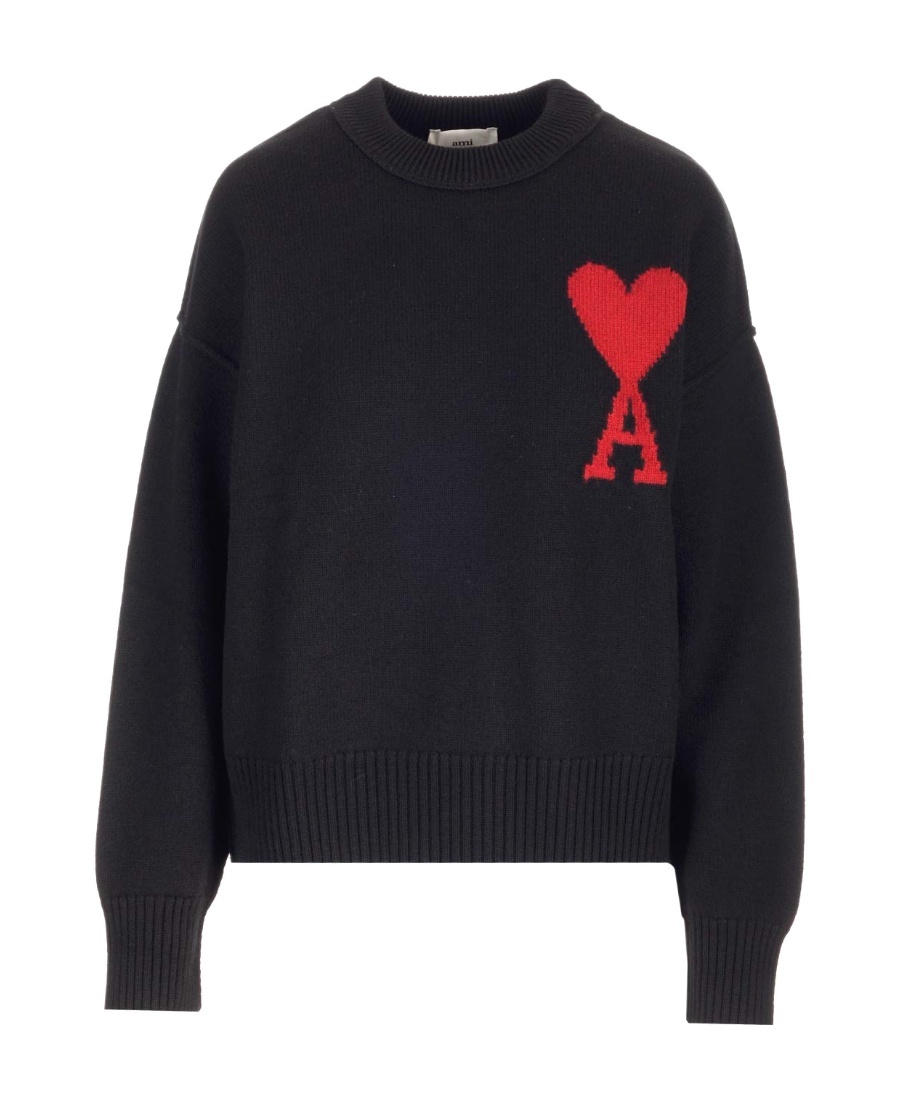 Ami Alexandre Mattiussi Ami Paris Wool Sweater With Heart Intarsia Design In Black