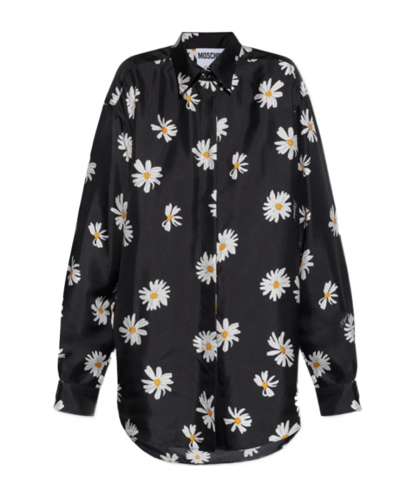 Moschino All-over Daisy Print Silk Twill Shirt In Black