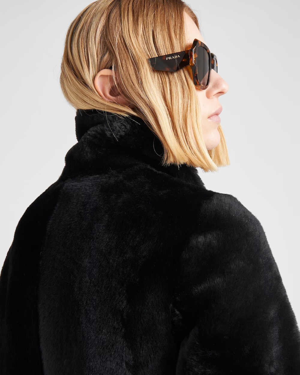 Prada Shearling Fur Coat In Black