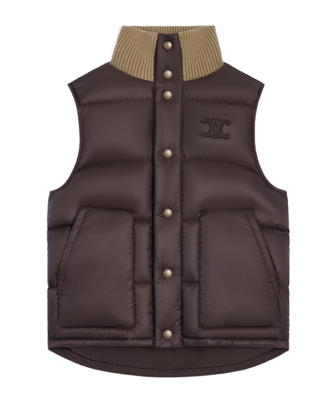 Celine Women Sleeveless Down Jacket With Triomphe Patch In Brown
