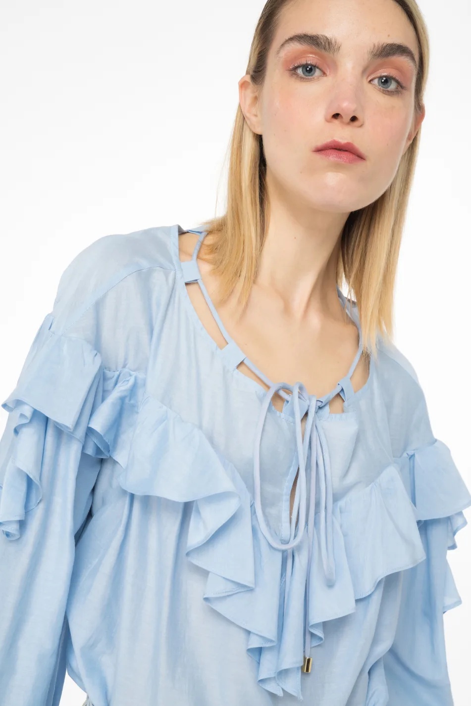 Pinko Solid Color Cotton And Silk Bones Blouse With Ruffles In Blue