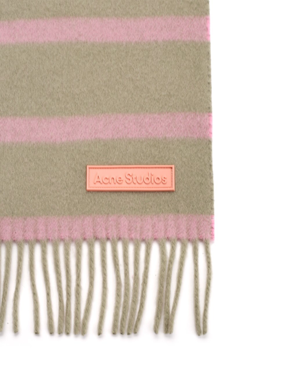 Acne Studios Striped Logo Patch Fringed Scarf In Nude