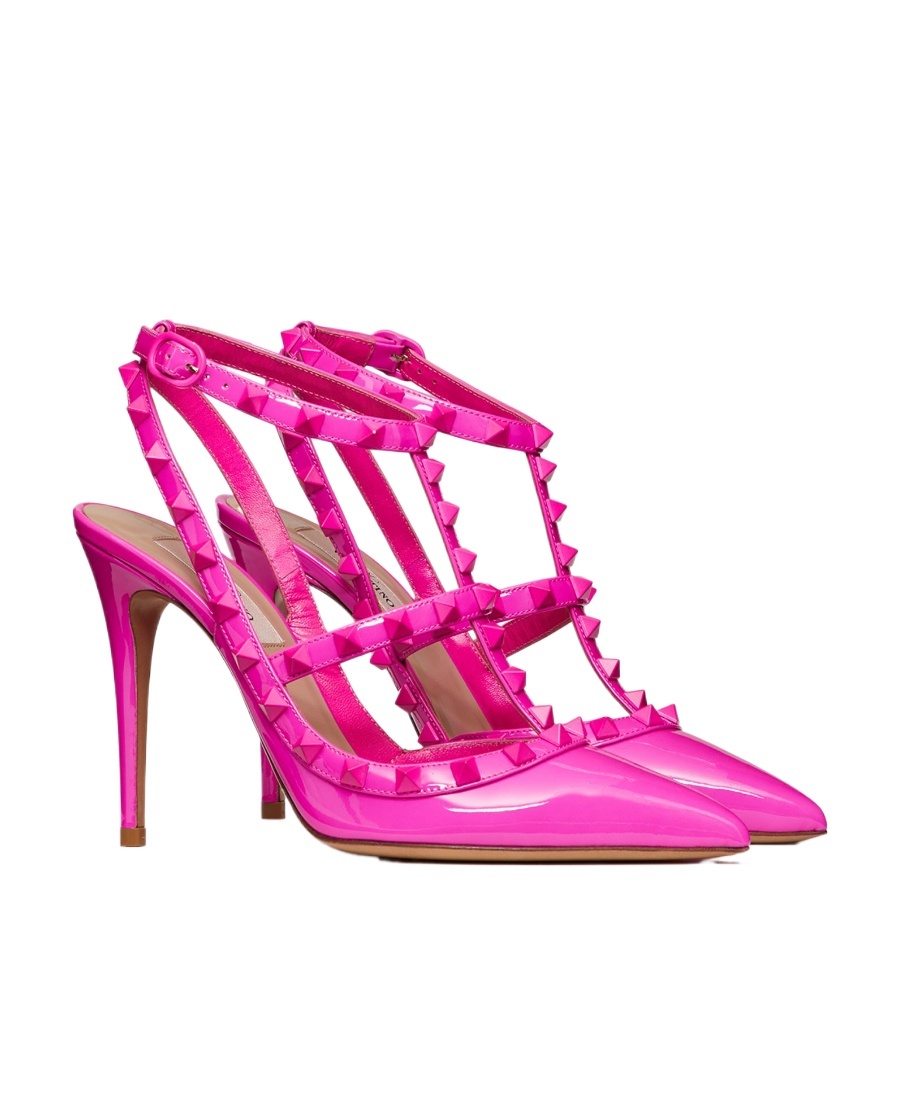 VALENTINO GARAVANI ROCKSTUD ANKLE STRAP PATENT-LEATHER PUMP WITH TONAL STUDS 100 MM 