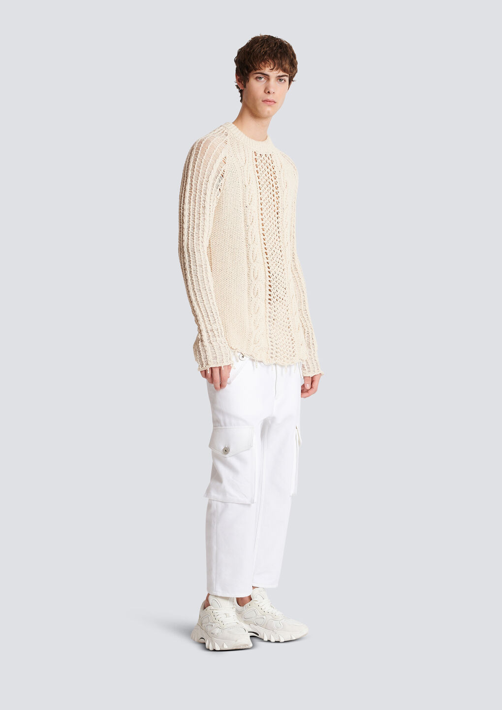 Balmain Distressed Cable-knit Jumper In White