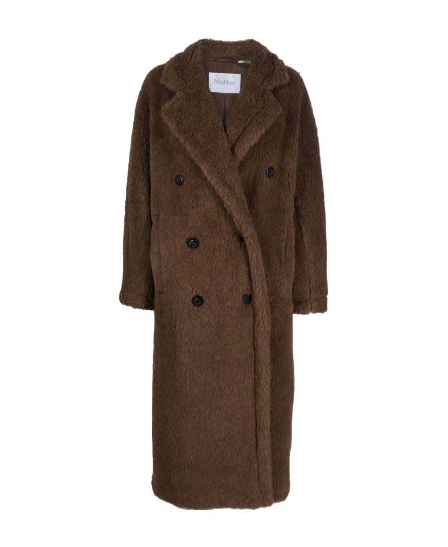 Max Mara Long Double-breasted Teddy Coat With Relaxed Fit In Brown