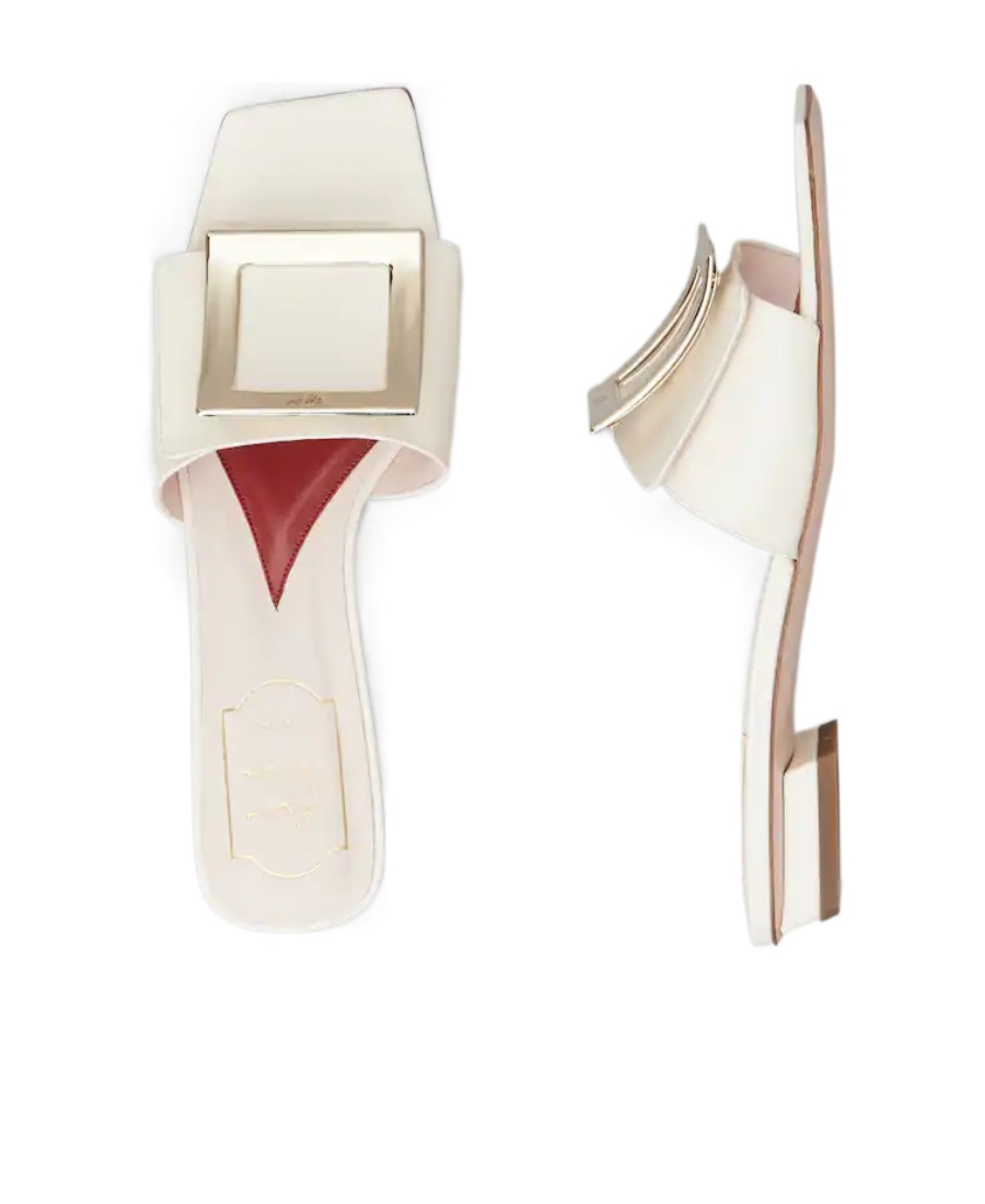 Shop Roger Vivier Belle Vivier Metal Buckle Mules In Patent Leather In White