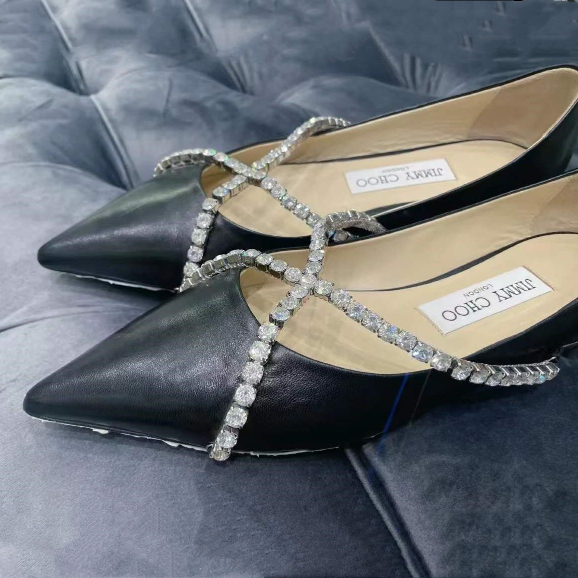 Shop Jimmy Choo Black Diamond Buckle Flat Shoes