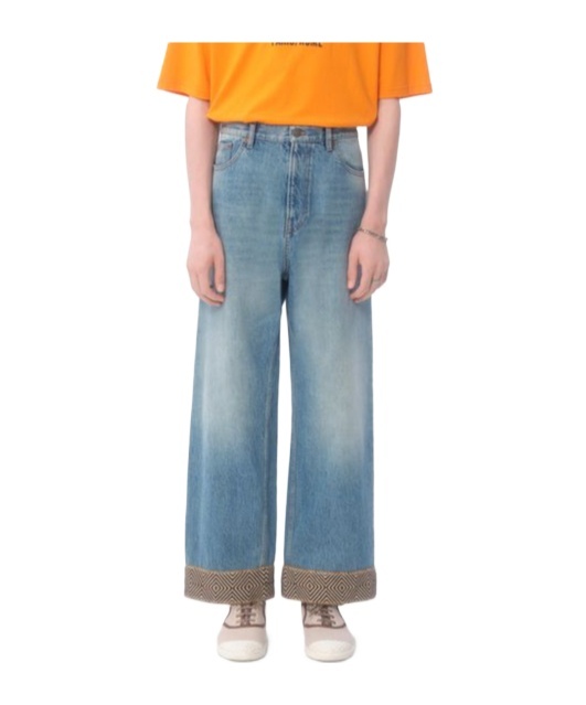 Valentino Cotton Denim Pants With Jacquard Bottoms In Blue