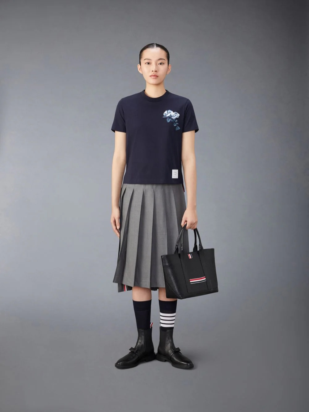 Thom Browne Navy Blue Rose-embroidered Cotton T-shirt In Black