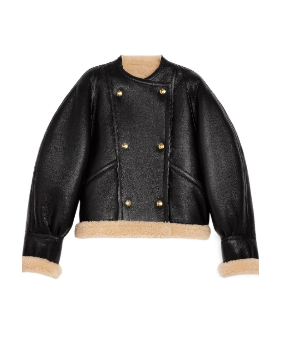 Celine Double-breasted Shearling Bomber Jacket In Black
