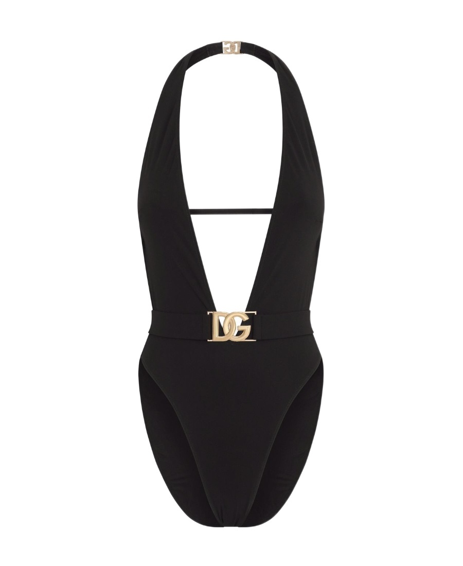Dolce & Gabbana Belted Plunge-neck Swimsuit In Black