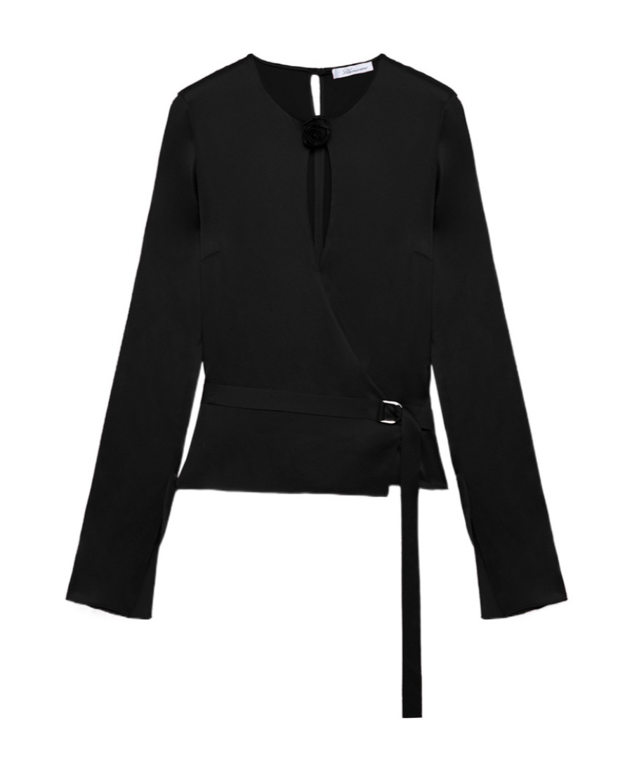 Blumarine Floral-appliqué Wraparound Blouse In Black