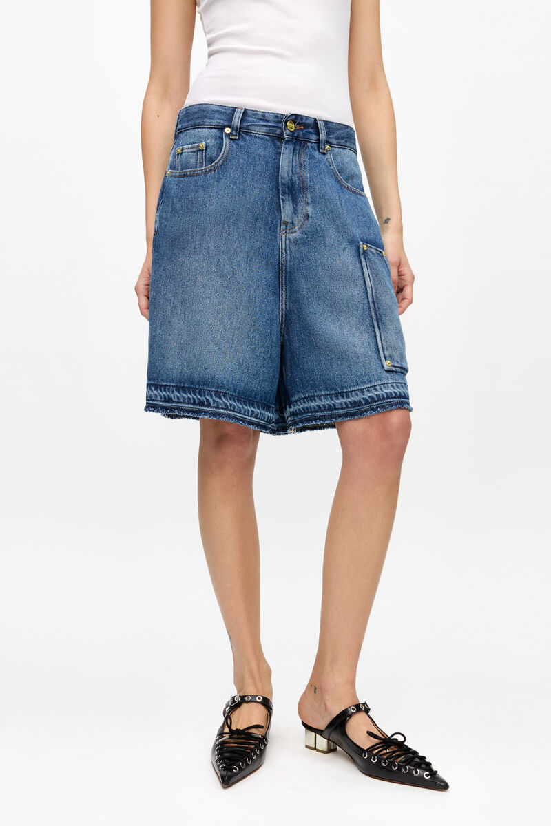 Ganni Blue Shorts With Belt Loops And One Front Patch Pocket In Denim Woman In Blue