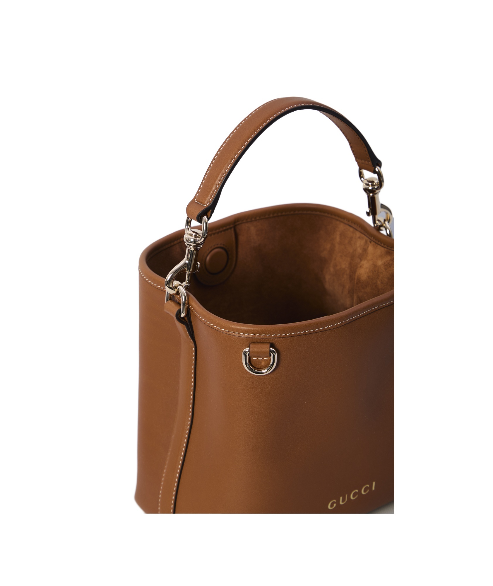 Gucci Gg Emblem Leather Bucket Bag With Frontal Logo In Brown