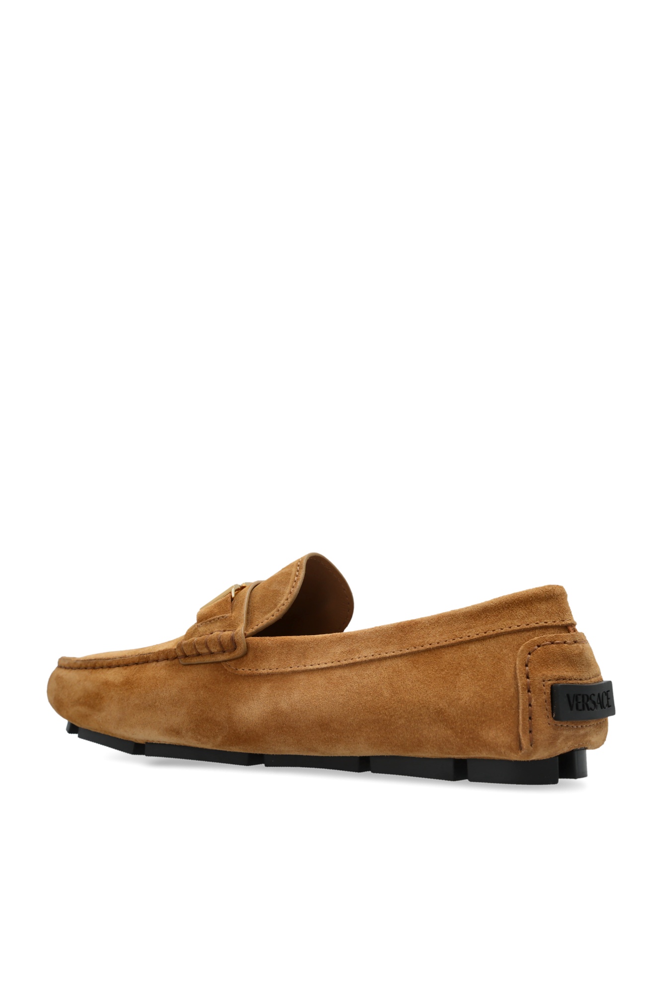 Versace Greca Plaque Suede Loafers In Brown
