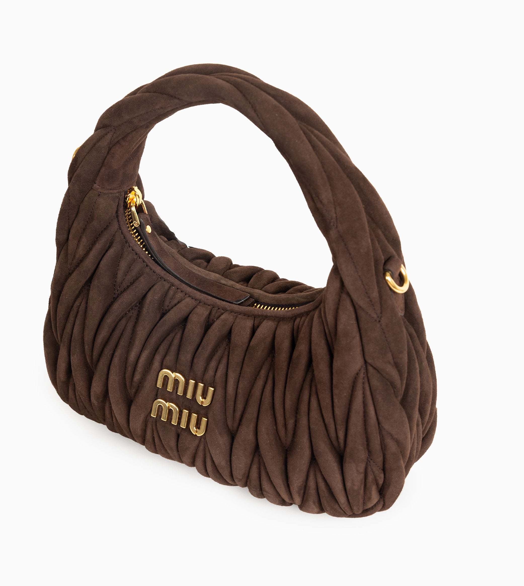Miu Miu Small Miu Wander Suede Leather Hobo Bag In Brown