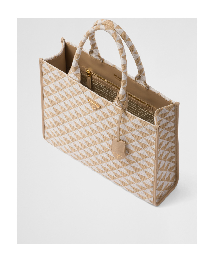 Prada Large Symbole Embroidered Fabric Handbag In Nude