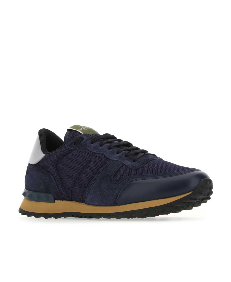 Valentino Garavani Men Blue Fabric And Suede Rockrunner Camouflage Sneakers In Blue