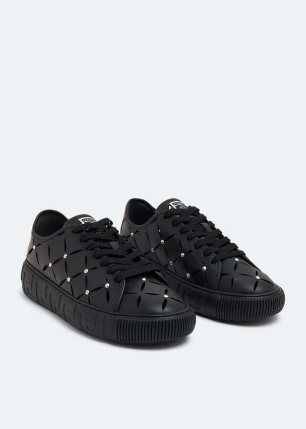 Versace Perforated Studded Sneakers In Black