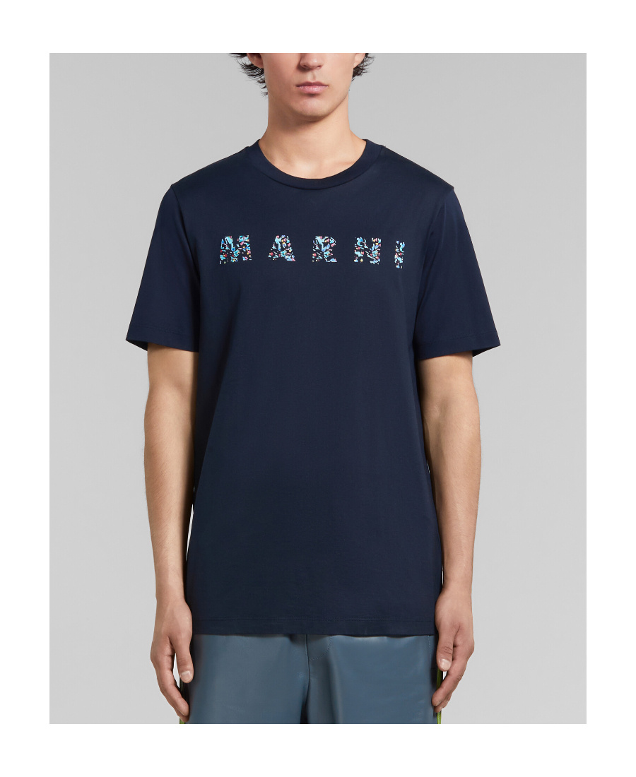 Marni Floral Logo Print Cotton Jersey T-shirt In Blue