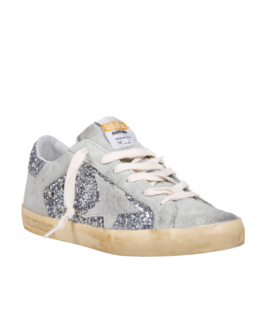 Golden Goose Super-star Suede And Glitter Upper Suede Star Glitter Heel Sneakers Silver In Gray