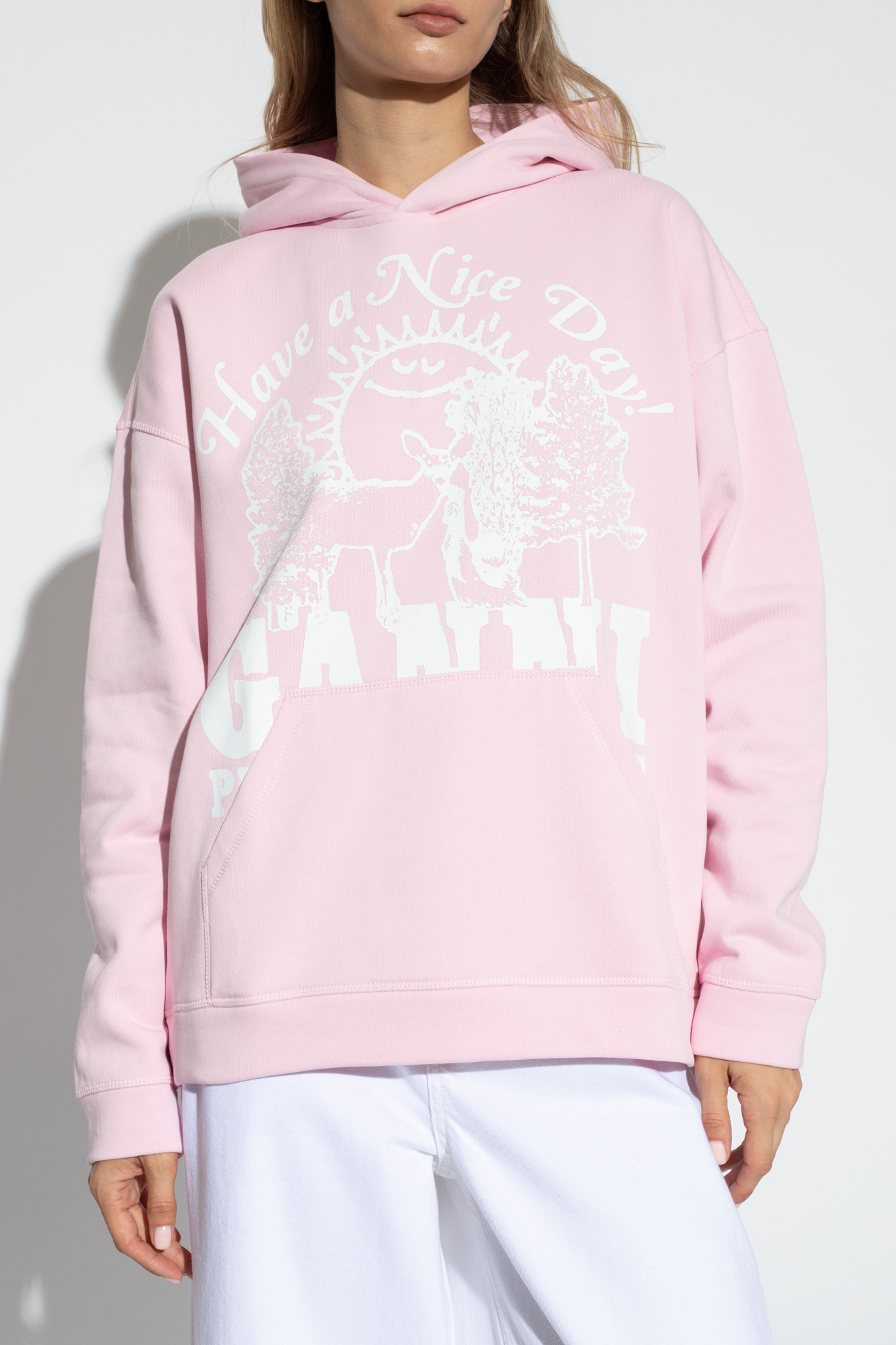 Shop Ganni Pink Oversized Isoli Animals Hoodie