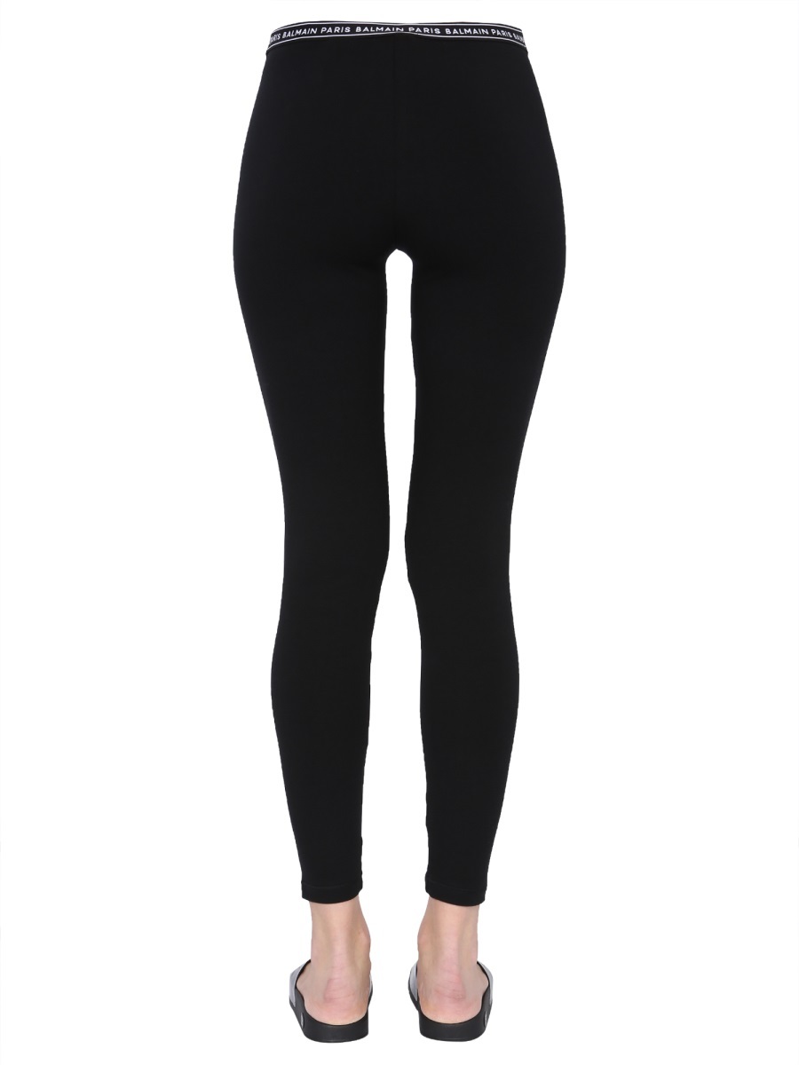 Balmain Logo-waistband Cotton-blend Leggings In Black